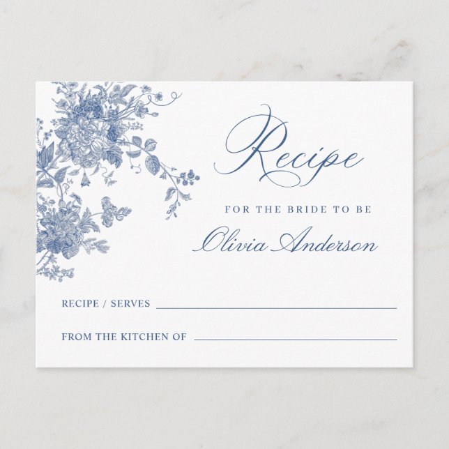 Victorian Blue Floral Bridal Shower Recipe Card (Front)
