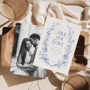 Victorian Blue Floral Dusty Blue Photo Save The Date