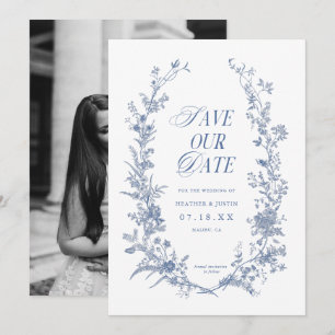 Victorian Blue Floral Dusty Blue Photo Save The Date