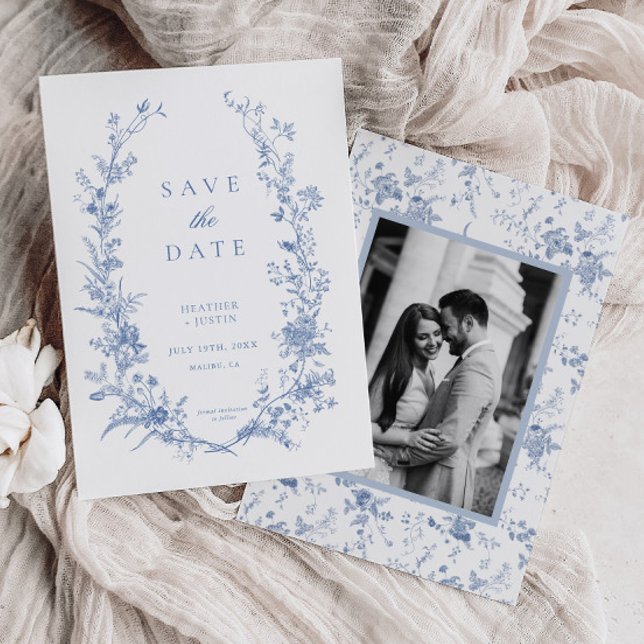 Victorian Blue Floral Dusty Blue Wedding Save The Date (Creator Uploaded)