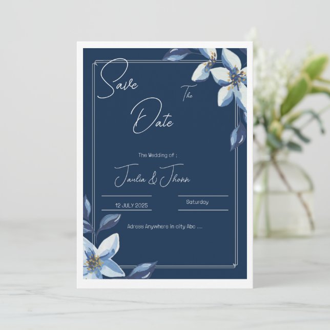 Victorian Blue Floral Dusty Blue Wedding Save The  Save The Date (Standing Front)