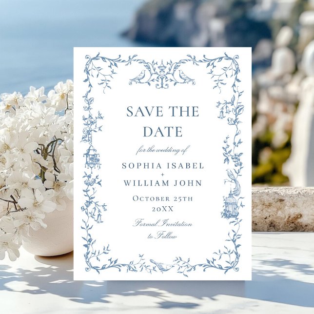 Victorian Blue Floral Wedding Save the Date Postcard (Creator Uploaded)