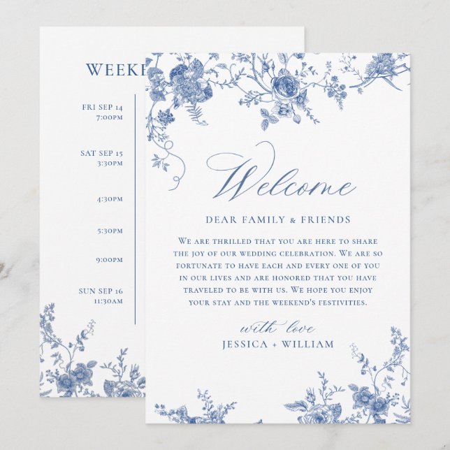 Victorian Blue Floral Wedding WEEKEND EVENTS Invitation (Front/Back)