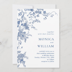 Victorian Blue French Floral Photo QR code Wedding Invitation
