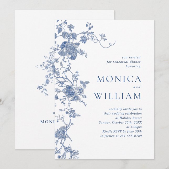 Victorian Blue French Floral Rehearsal Dinner Invitation (Front/Back)