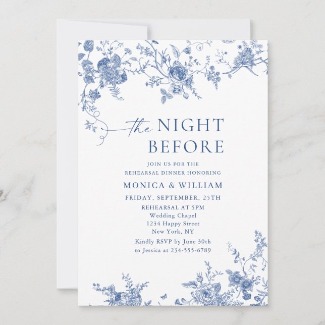 Victorian Blue French Floral Rehearsal Dinner Invitation (Front)