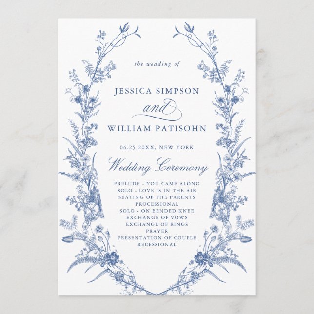 Victorian Blue French Floral Wedding Ceremony Programme (Front)