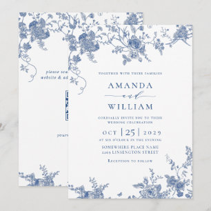 Victorian Blue French Floral Wedding QR code Invitation