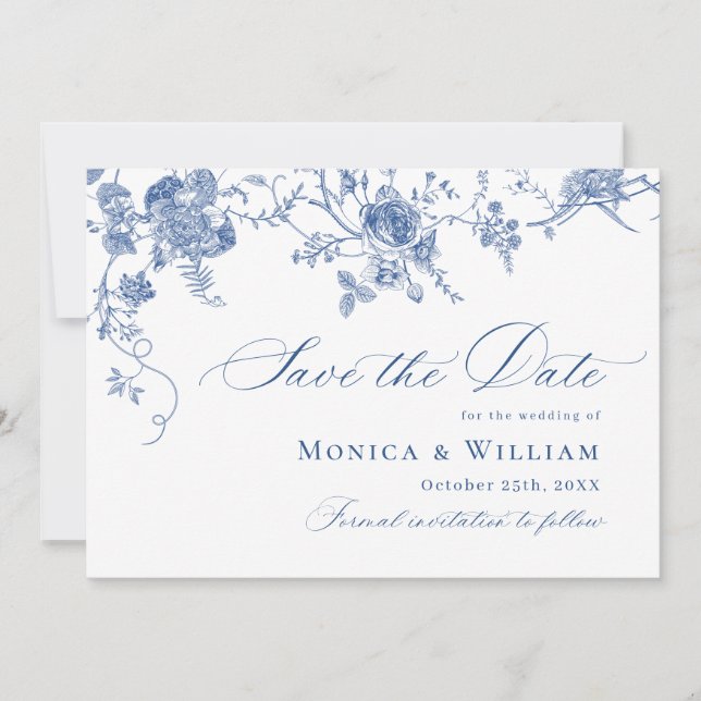 Victorian Blue French Floral Wedding QR code Save The Date (Front)