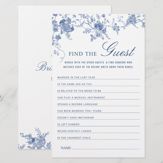 Victorian Blue French Garden Bridal Shower Game (Front/Back)