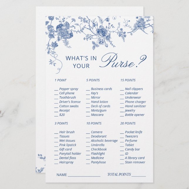 Victorian Blue French Garden Bridal Shower Game (Front/Back)