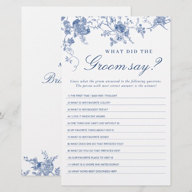 Victorian Blue French Garden Bridal Shower Game (Front/Back)