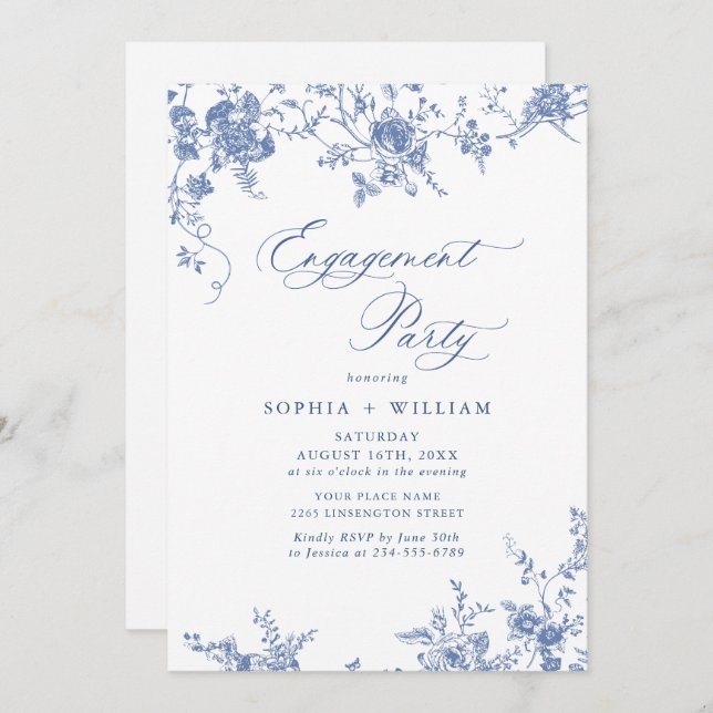 Victorian Blue French Garden ENGAGEMENT PARTY Invitation (Front/Back)