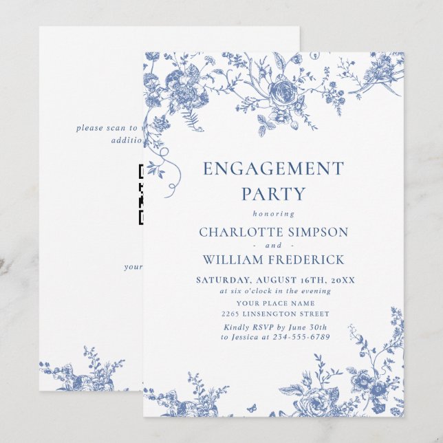Victorian Blue French Garden ENGAGEMENT PARTY QR Invitation (Front/Back)