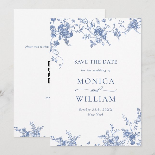 Victorian Blue French Garden Floral Photo Wedding Save The Date (Front/Back)
