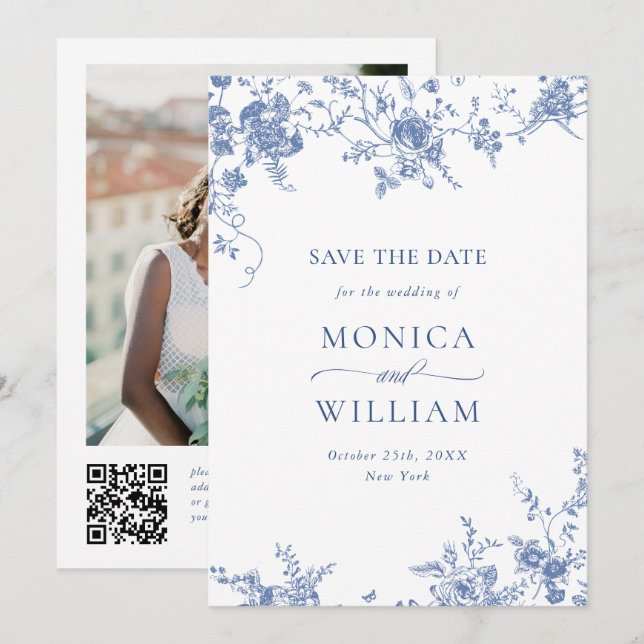 Victorian Blue French Garden Floral Photo Wedding Save The Date (Front/Back)