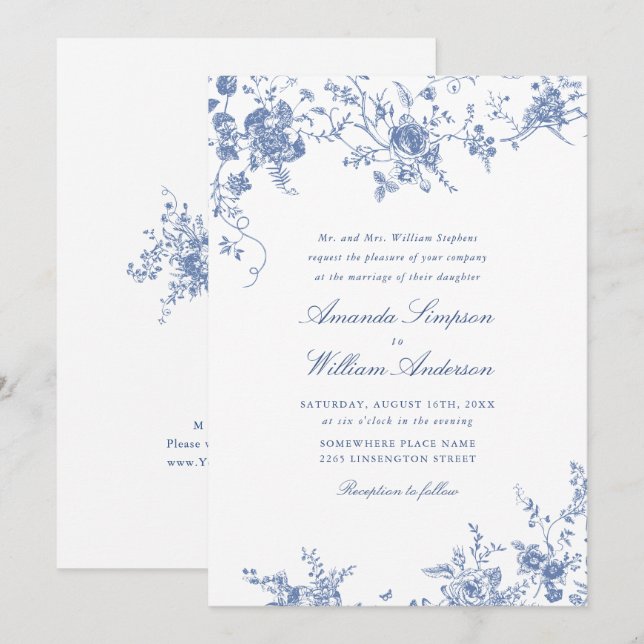 Victorian Blue French Garden Floral Wedding Invitation (Front/Back)