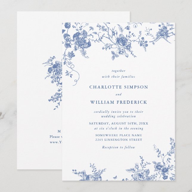 Victorian Blue French Garden Floral Wedding Invitation (Front/Back)