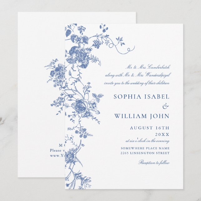 Victorian Blue French Garden Floral Wedding Invitation (Front/Back)