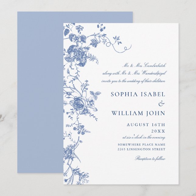 Victorian Blue French Garden Floral Wedding Invitation (Front/Back)