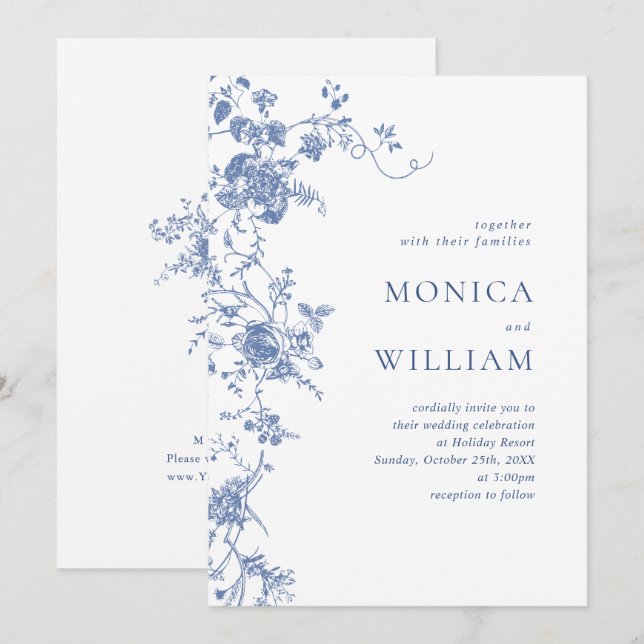 Victorian Blue French Garden Floral Wedding Invitation (Front/Back)