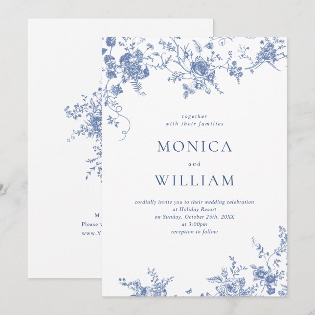 Victorian Blue French Garden Floral Wedding Invitation (Front/Back)
