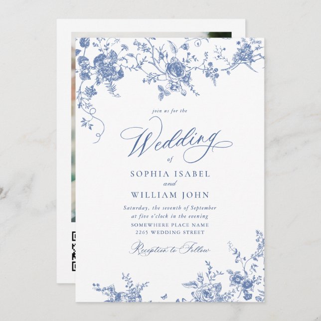 Victorian Blue French Garden QR code Photo Wedding Invitation (Front/Back)