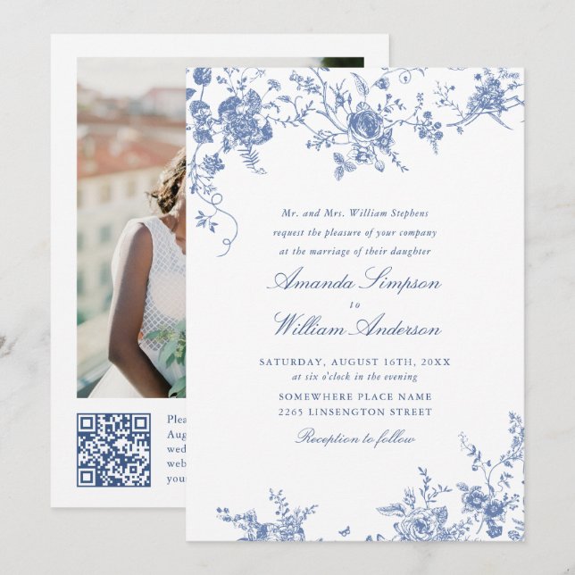 Victorian Blue French Garden QR code Photo Wedding Invitation (Front/Back)