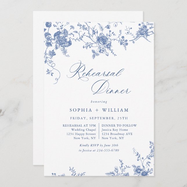 Victorian Blue French Garden Rehearsal Dinner Invitation (Front/Back)