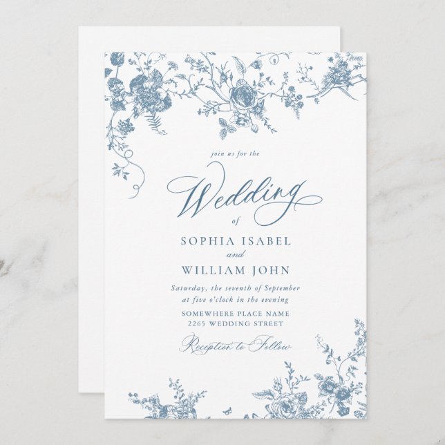 Victorian Blue French Garden Toile Floral Wedding Invitation (Front/Back)