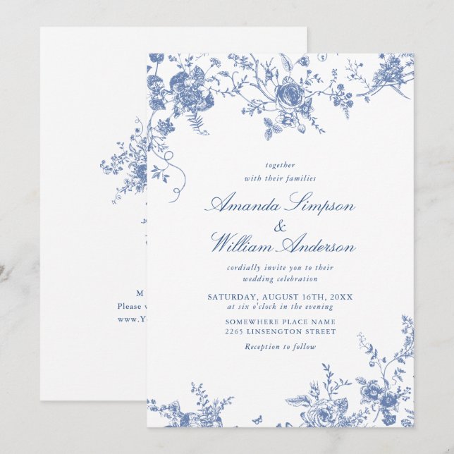 Victorian Blue French Garden Toile Wedding Invitation (Front/Back)