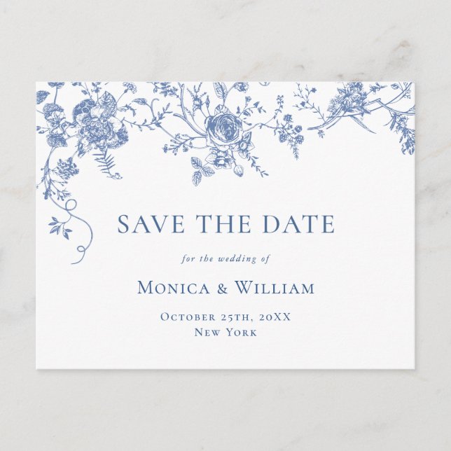 Victorian Blue French Garden Wedding Save the Date Postcard (Front)