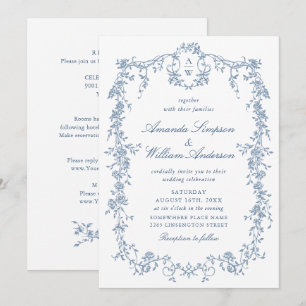 Victorian Blue French Ornate Wedding All in One Invitation