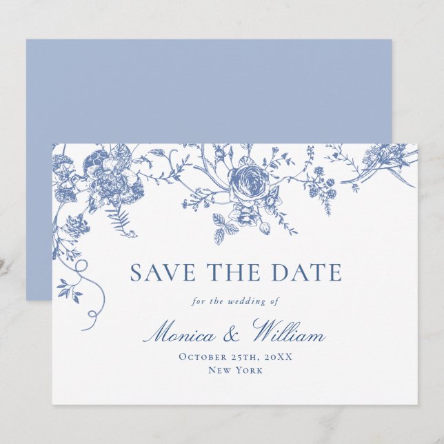 Victorian Blue French Roses Garden Floral Wedding Save The Date (Front/Back)