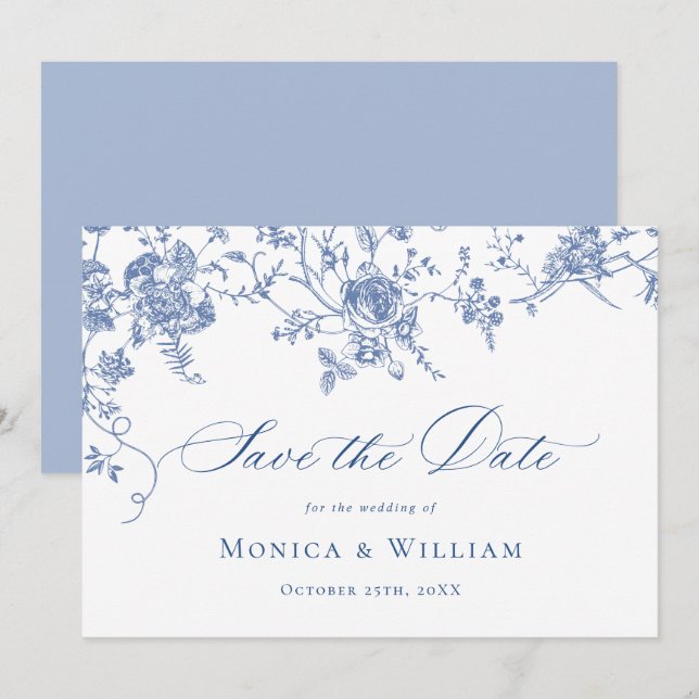 Victorian Blue French Roses Garden Floral Wedding Save The Date (Front/Back)