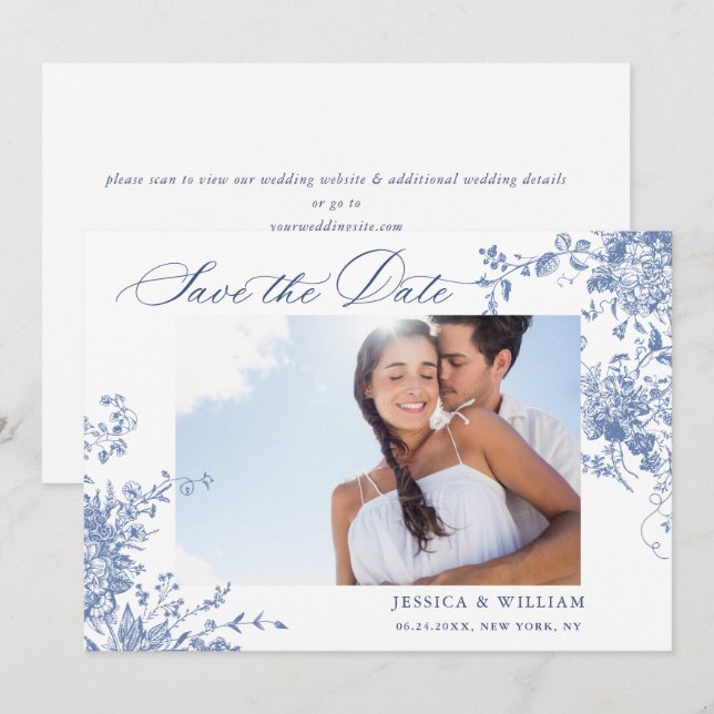Victorian Blue French Roses Garden QR code Wedding Save The Date (Front/Back)