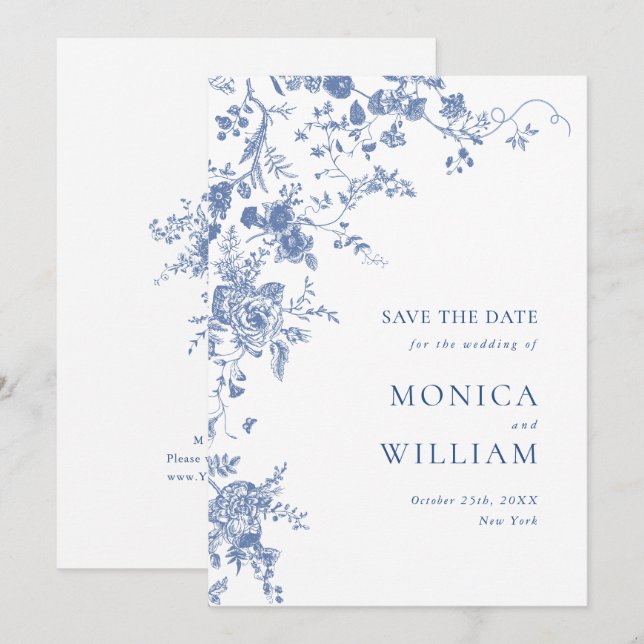 Victorian Blue French Toile Garden Floral Wedding Save The Date (Front/Back)
