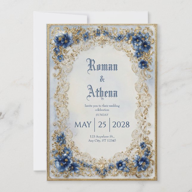 Victorian Blue & Gold Floral Lace Wedding Invitation (Front)
