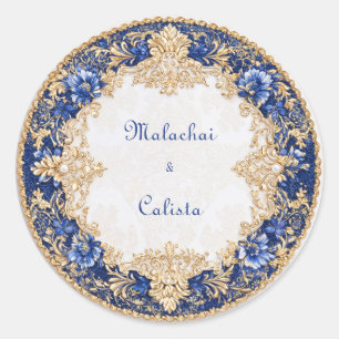 Victorian Blue & Gold Ornate Wedding Sticker