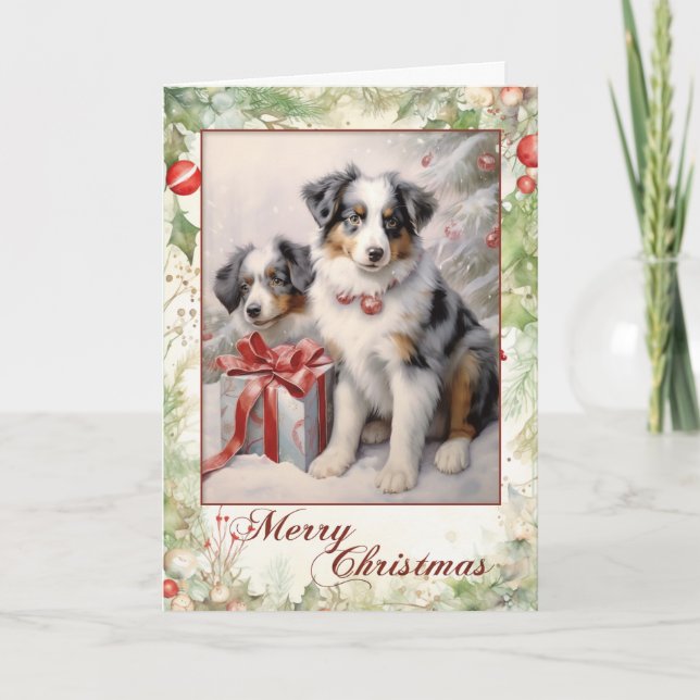 Victorian Blue Merle Aussie Puppy Christmas Holiday Card (Front)