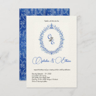 Victorian Blue Monogram Floral Crest Invitation