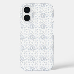 Victorian Blue Toile Repeating Monogram Name iPhone 16 Case