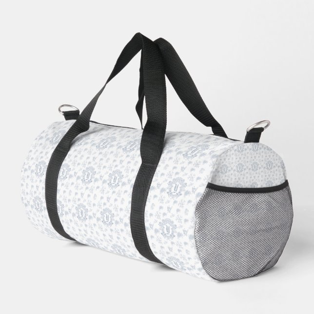 Victorian Blue Toile Repeating Monogram Name Duffle Bag (Right Corner)