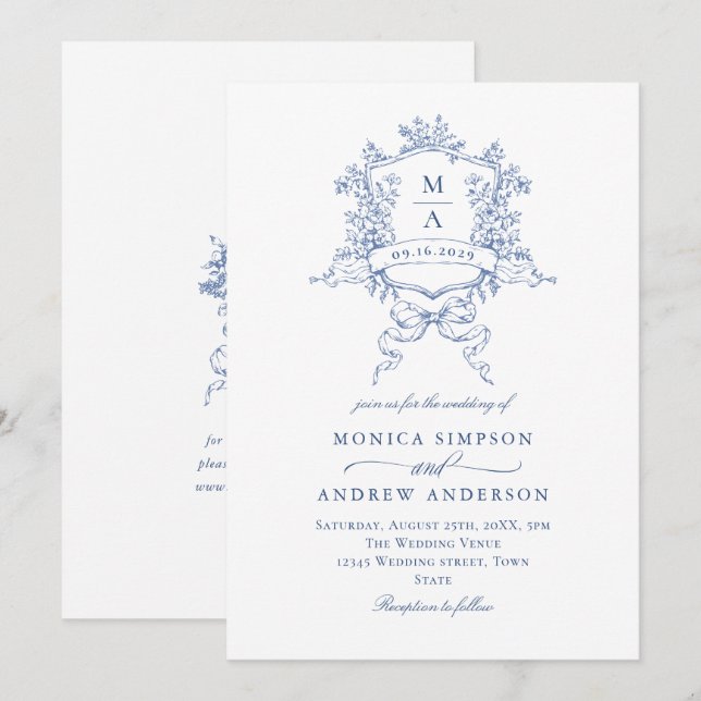 Victorian Blue Wedding Ornate Floral Crest Invitation (Front/Back)