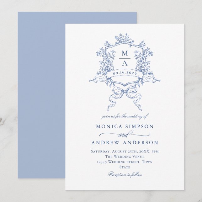 Victorian Blue Wedding Ornate Floral Crest Invitation (Front/Back)