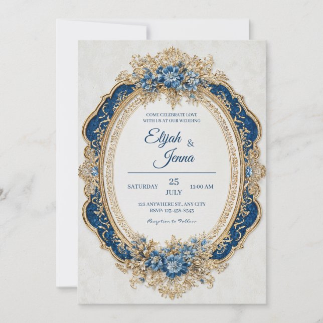 Victorian Blue With Elegant Floral Accents Wedding Invitation (Front)