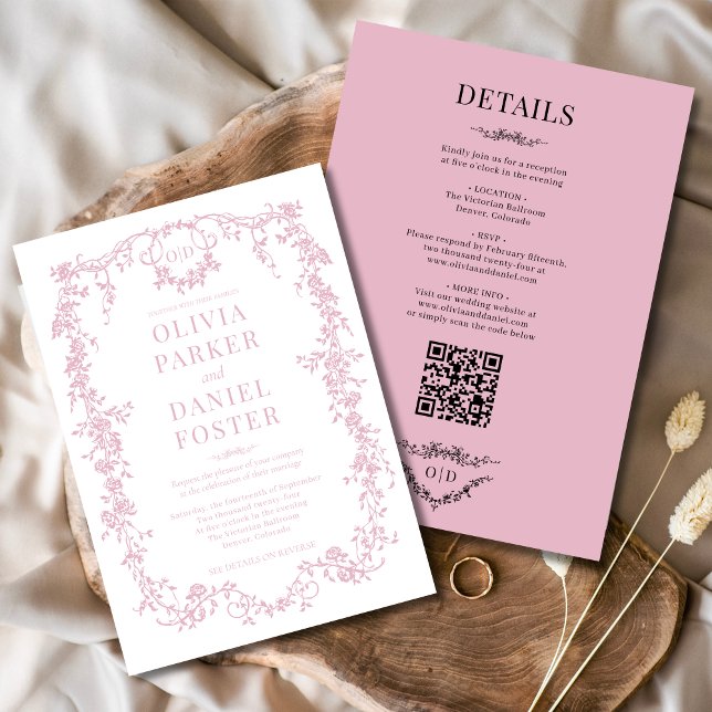 Victorian Blush Pink All in One Wedding Monogram Invitation (Creator Uploaded)