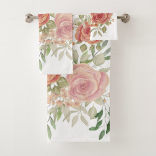 Victorian blush pink roses watercolor art bath towel set