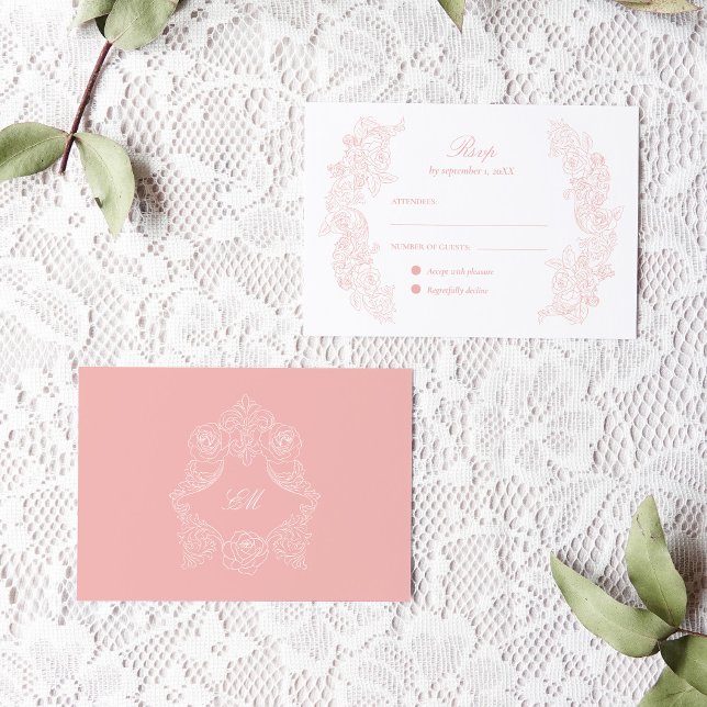 Victorian Blush Pink Wedding RSVP Card (horizontal rsvp card with blush pink victorian ornaments and a crest monogram at the back)