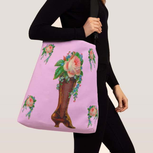 Victorian boot holding flowers crossbody bag (Close Up)